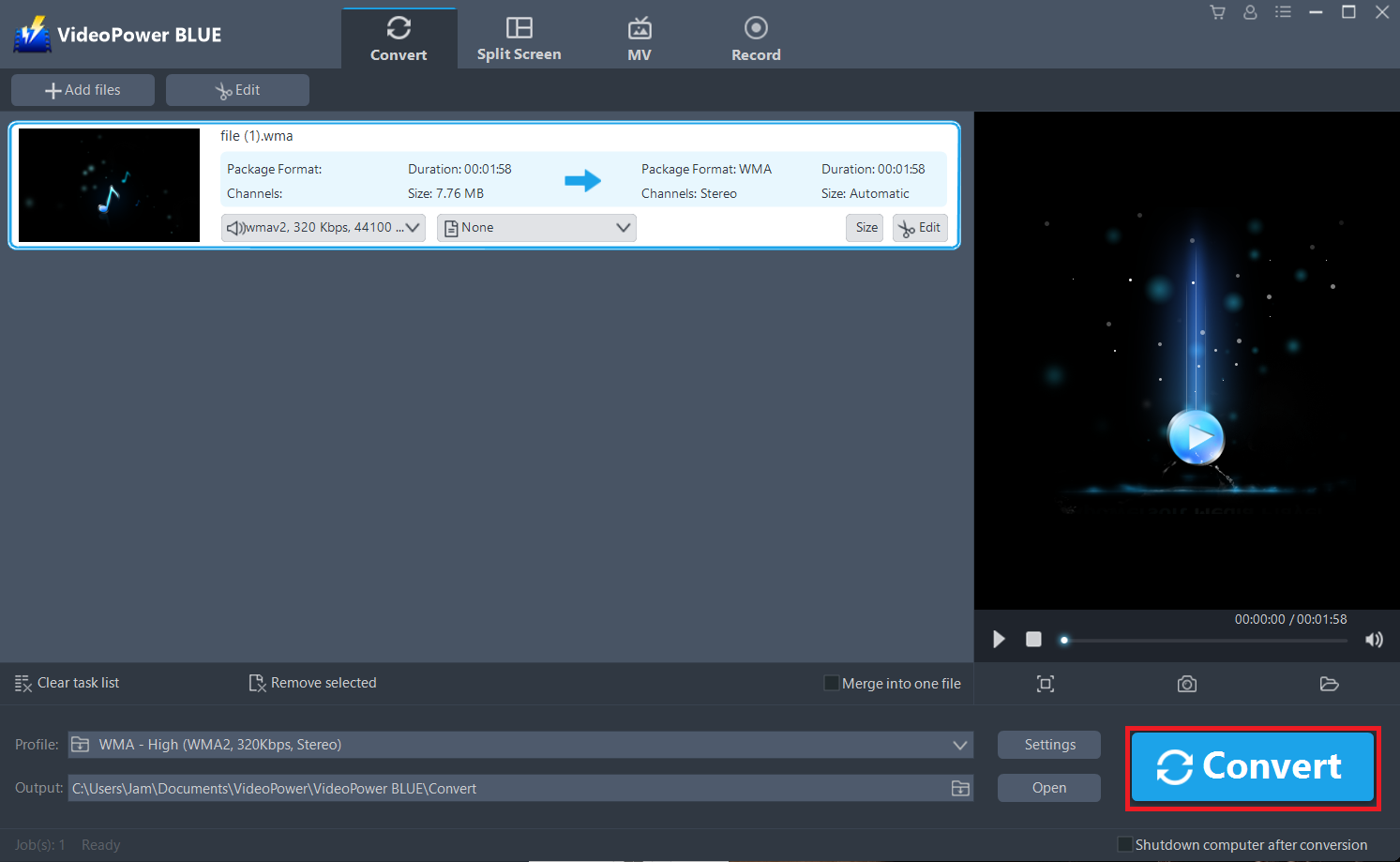 best free audio converter, VideoPower BLUE start to convert MP3 to WMA.