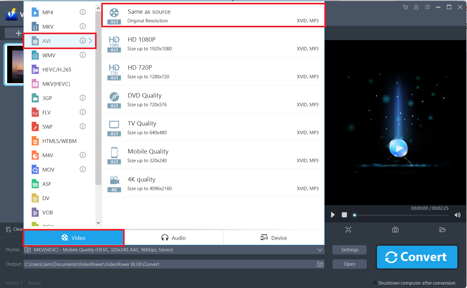 convert WMV to AVI, VideoPower BLUE select video format