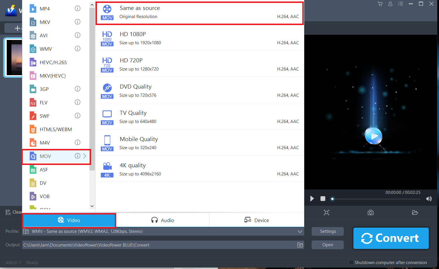 convert WMV to MOV, VideoPower BLUE, select video profile