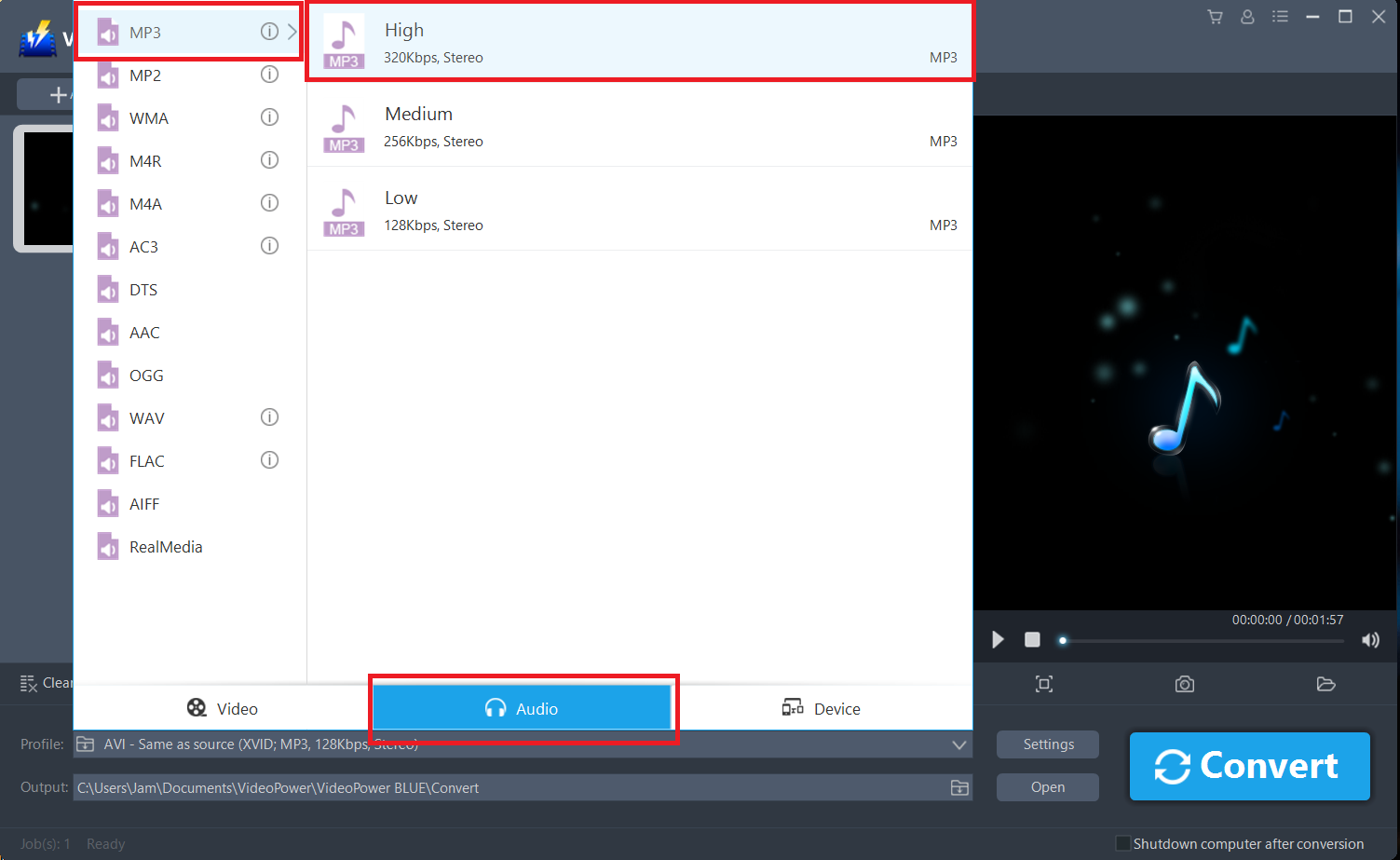 convert WMV to MP3, VideoPower BLUE select audio format