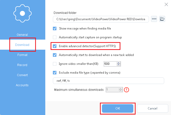 VideoPower RED, educational YouTube video downloader, external detect, download settings