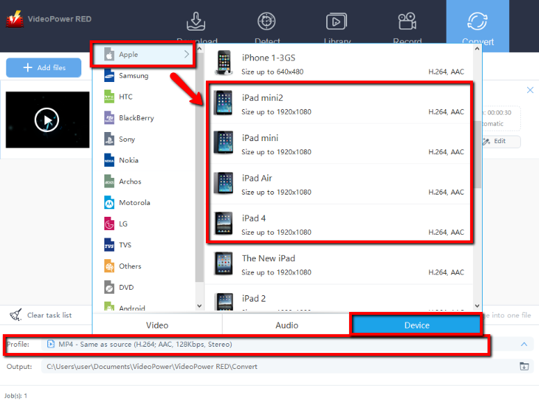 iPad用のダウンローダ、ビデオパワーレッドは、フォーマットを選択します。