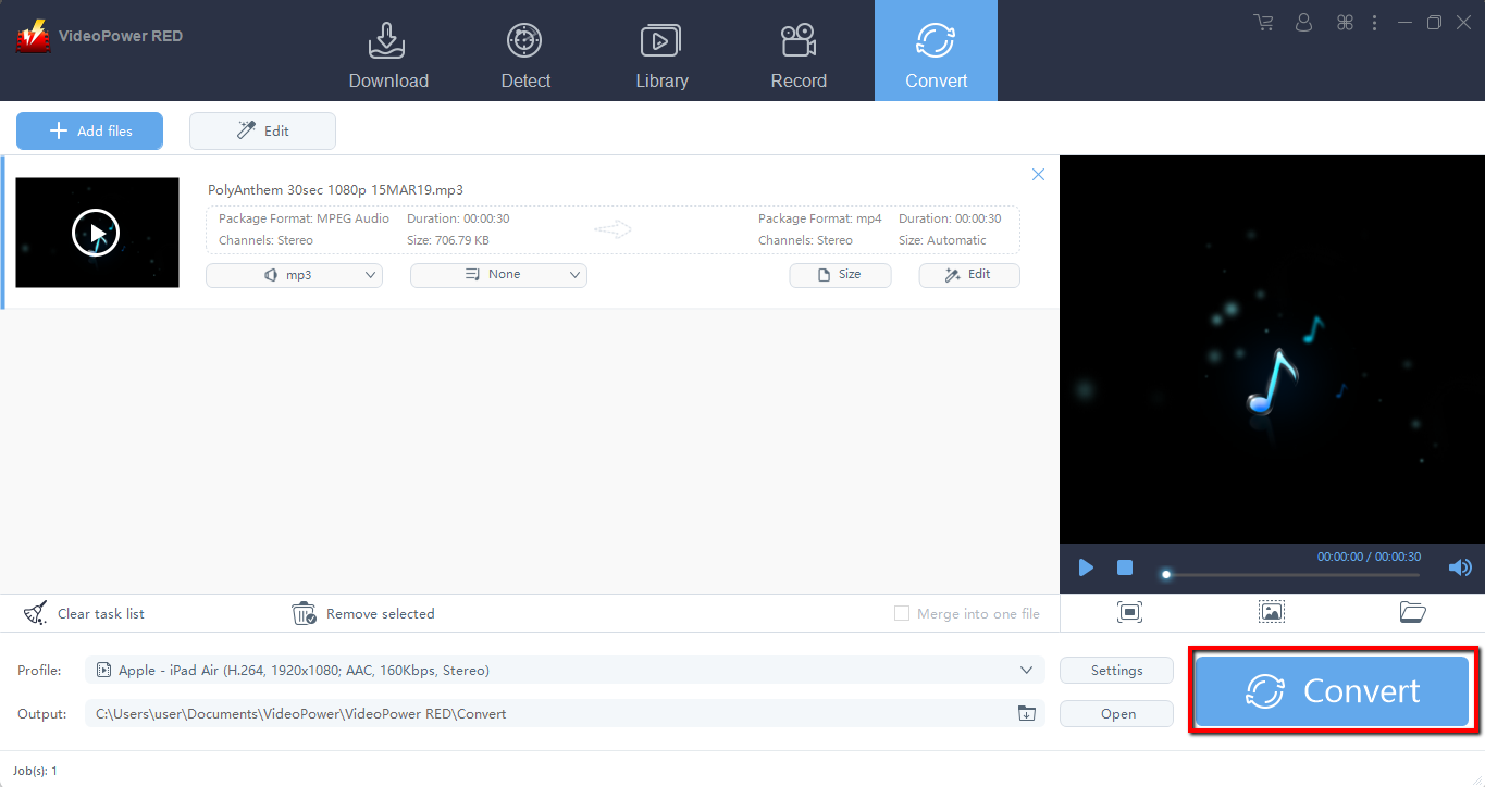 iPad用のダウンローダ、ビデオパワーレッド、変換を開始します。