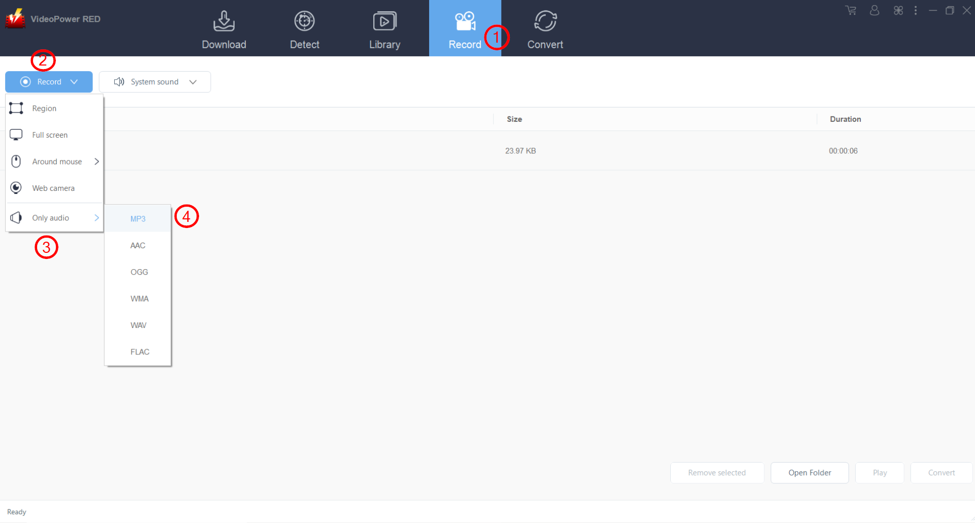 YouTube からオーディオを抽出, ビデオパワーレッド, "レコード" タブをクリックします。