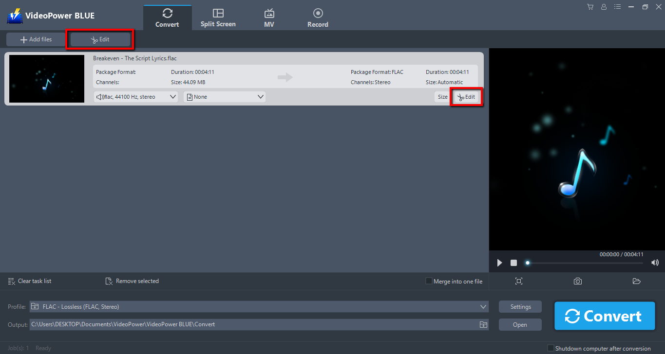 FLAC to WAV converter, VideoPower BLUE, edit