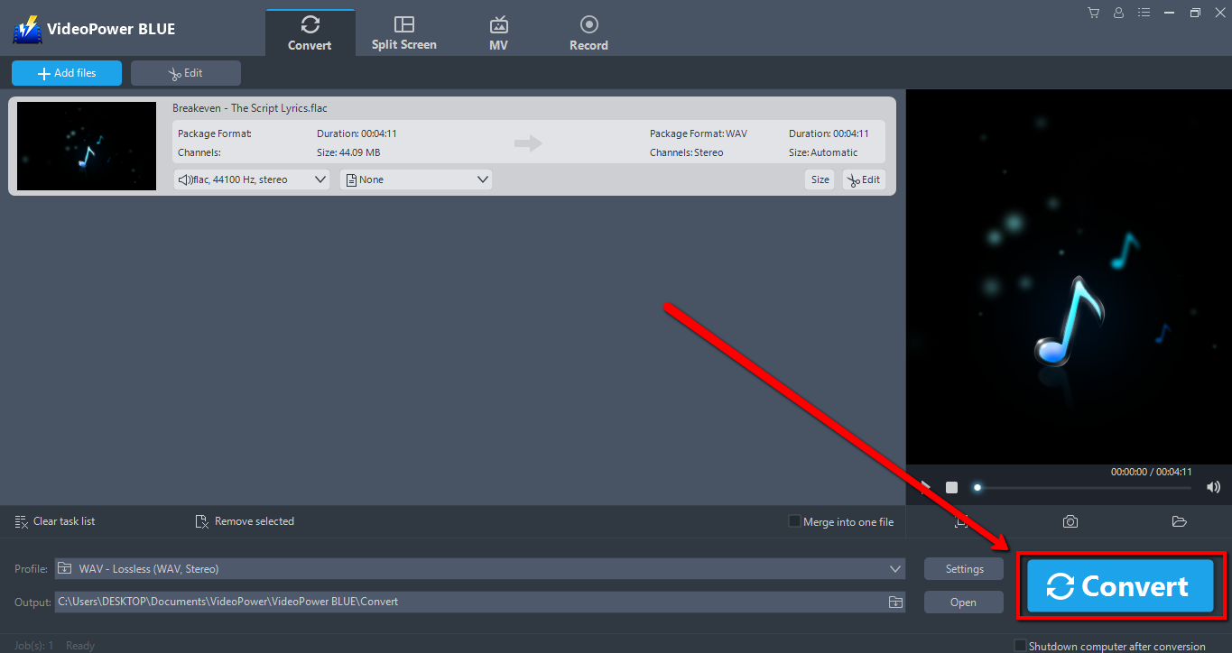 FLAC to WAV converter, VideoPower BLUE, convert