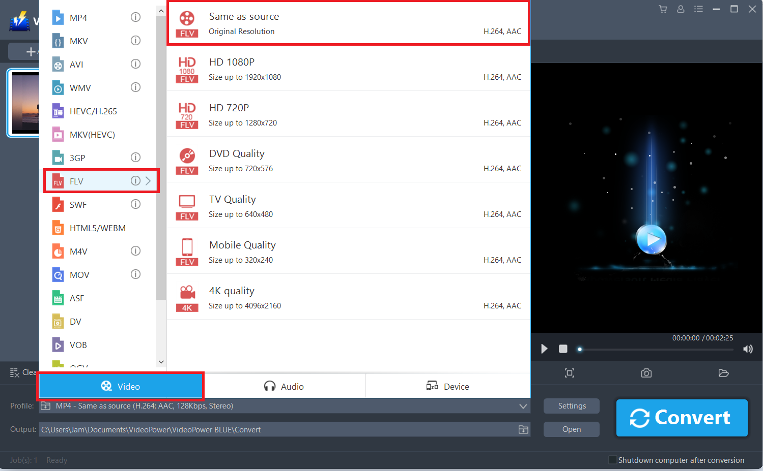 FLV形式、ビデオパワーブルー選択ビデオフォーマット