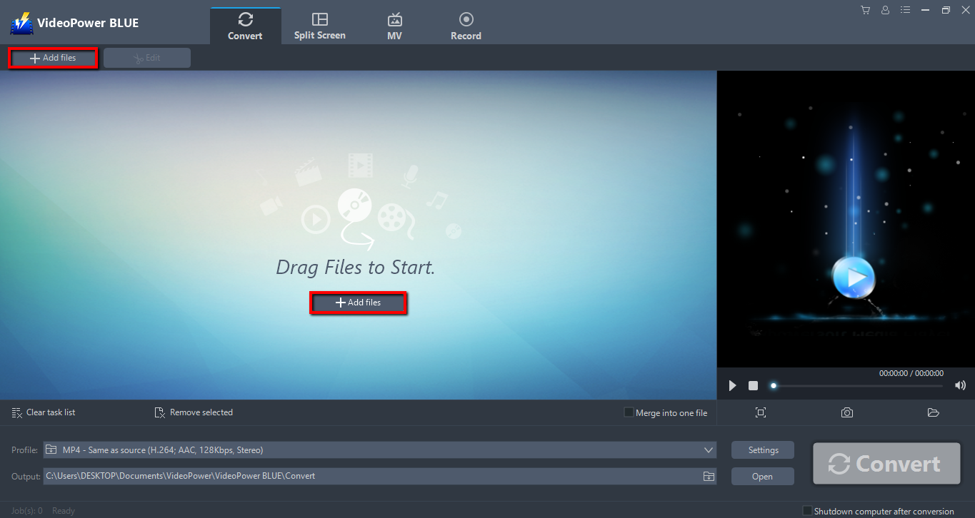 Convert FLV to AVI, VideoPower BLUE add files.