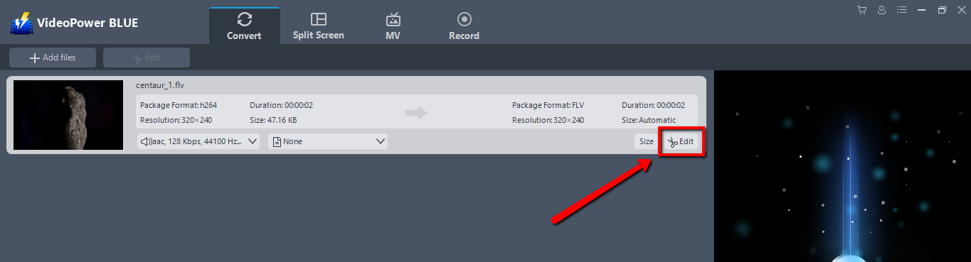 Convert FLV to AVI, VideoPower BLUE, edit file