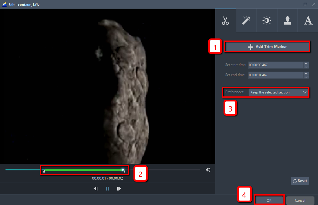 Convert FLV to AVI, VideoPower BLUE, add trim