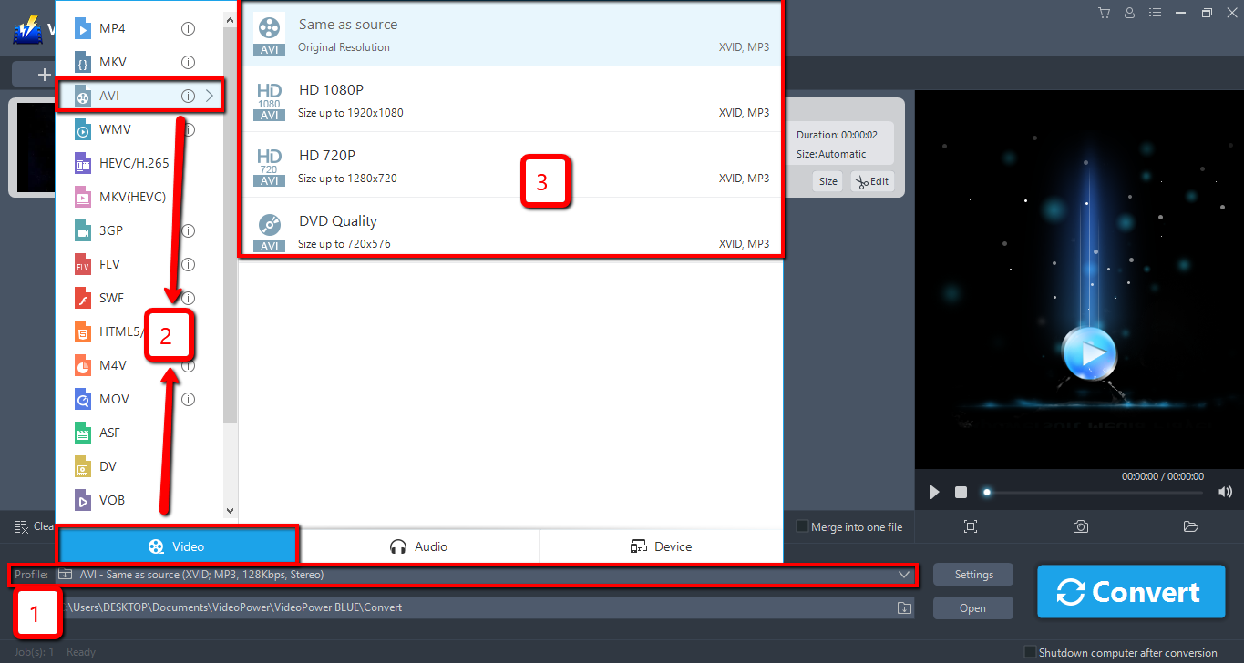 convert FLV to AVI, VideoPower BLUE select video output.
