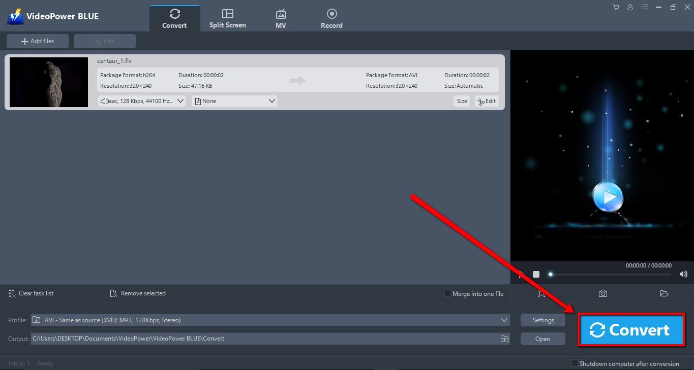 convert FLV to AVI, VideoPower BLUE, convert.