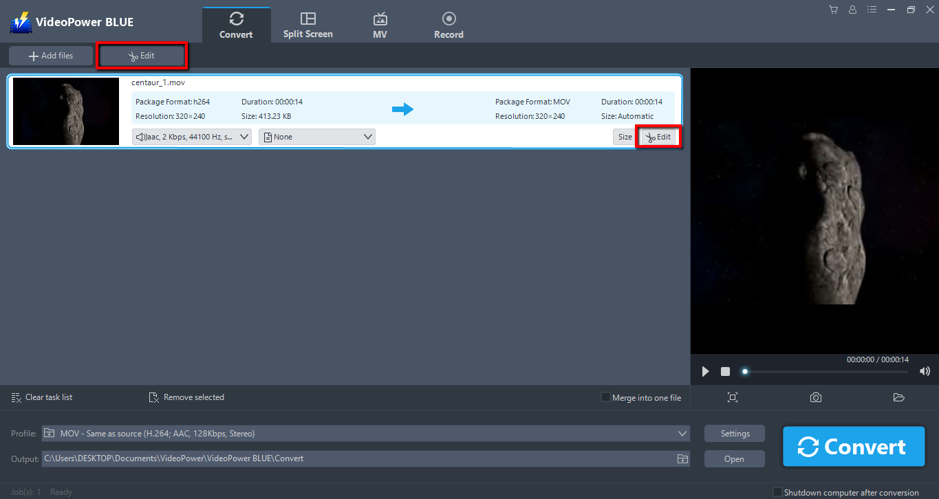 MP4ファイル形式に変換, ビデオパワーブルー, 編集