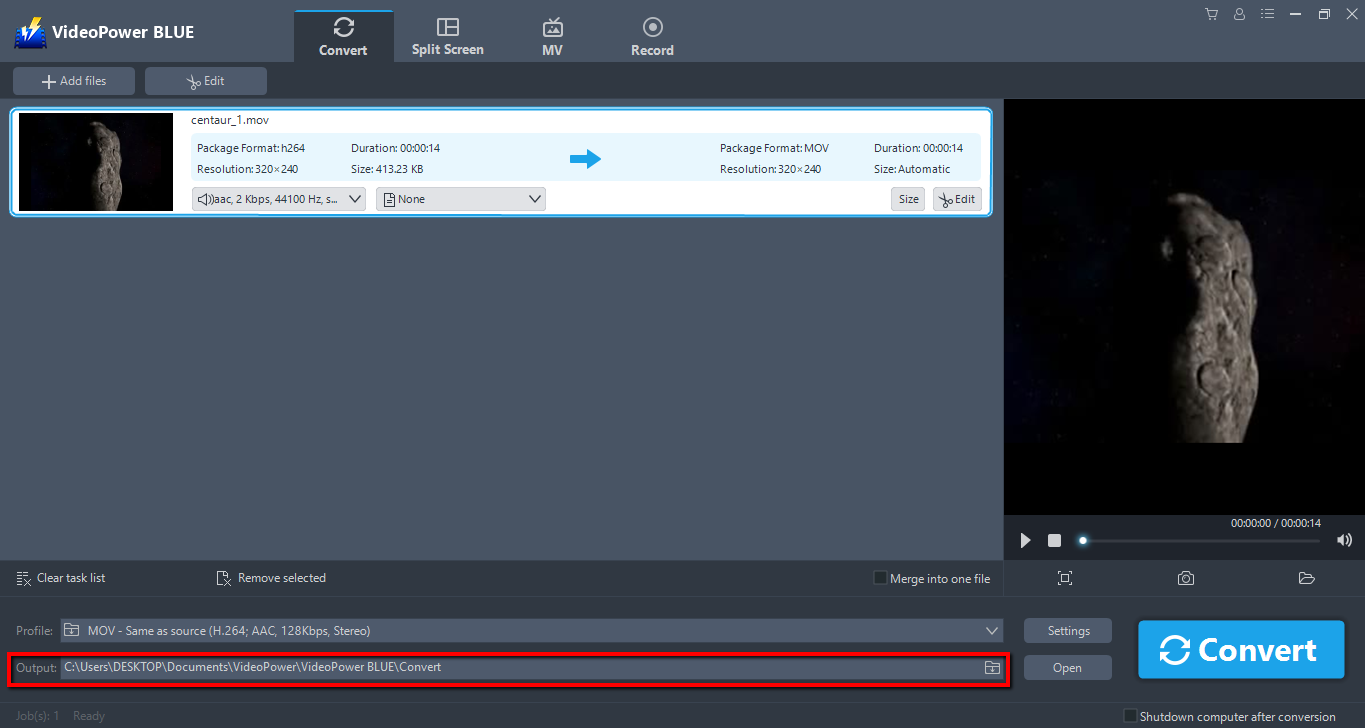 MP4、ビデオパワーブルー、出力場所にムービーメーカーを変換
