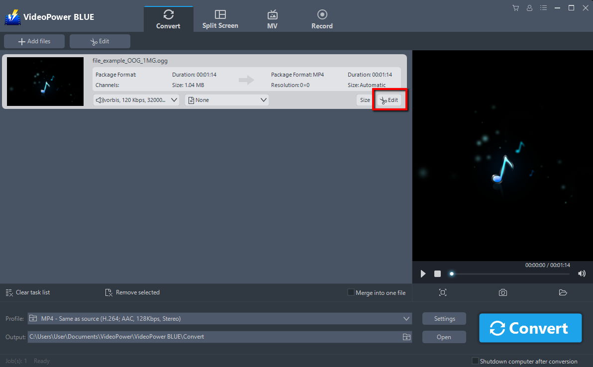 convert OGG to MP3, VideoPower BLUE, Edit