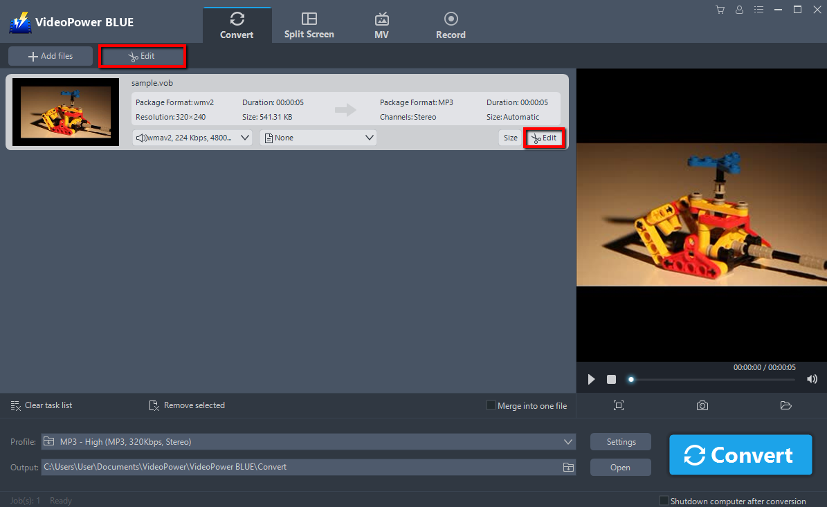 VOB to MP4 Converter, VideoPower BLUE, Edit files