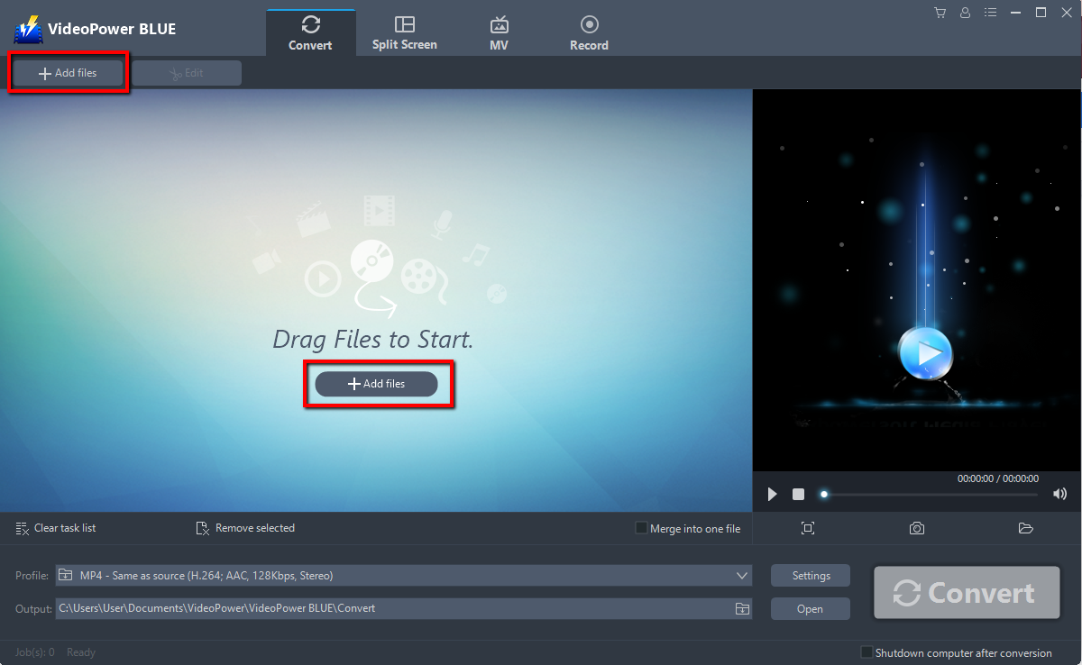 WMV file conversion, VideoPower BLUE, add files