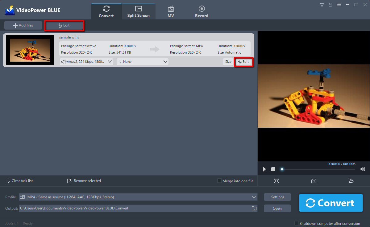 WMA file conversion, VideoPower BLUE, Edit