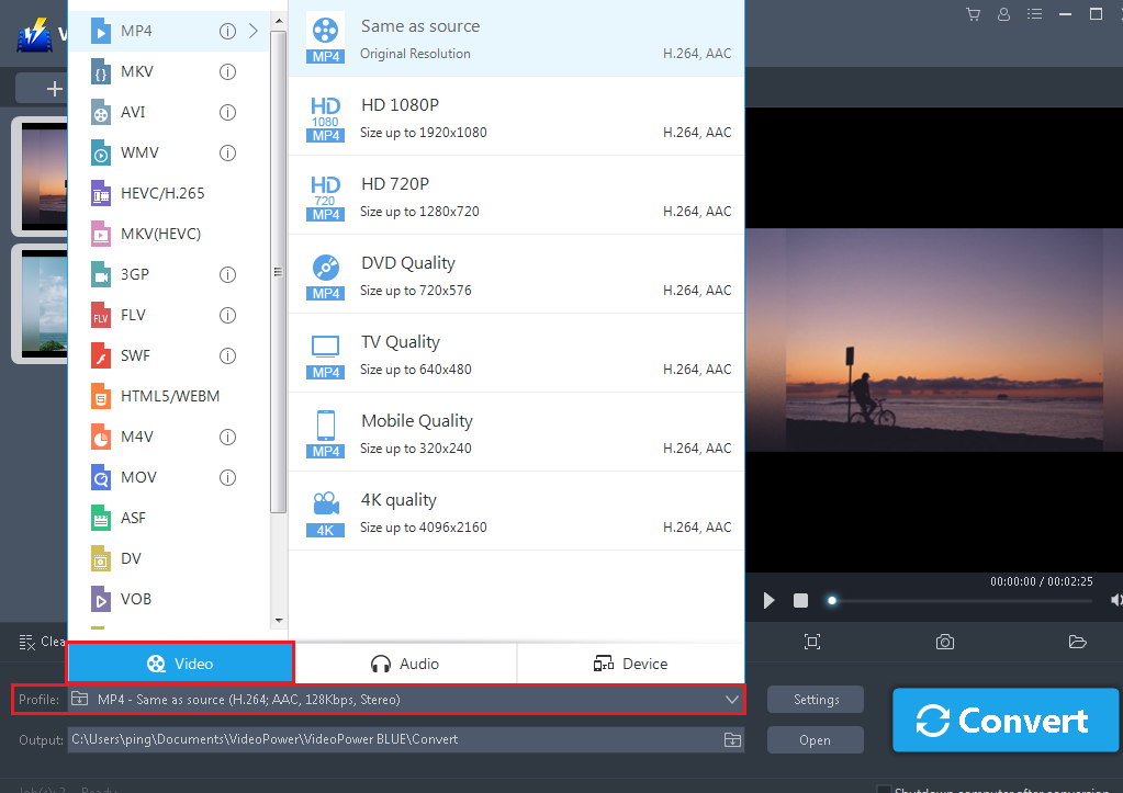 audio/video editor, video tutorial tool, VideoPower BLUE, output and convert