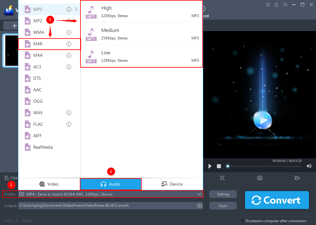 brilliant-method-to-convert-mp3-to-m4r, output format.