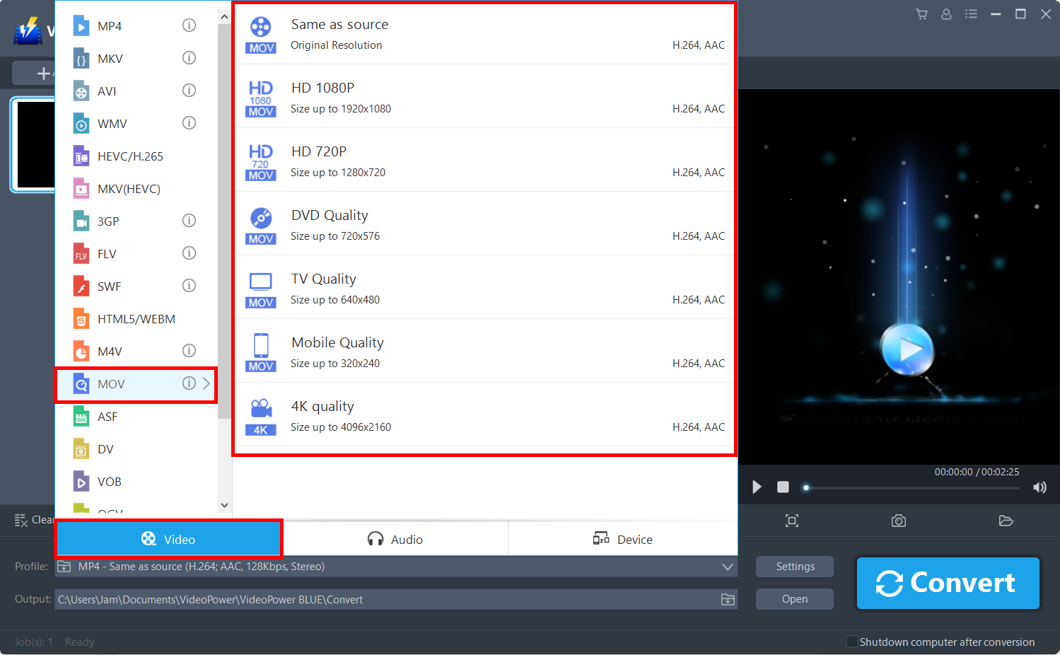 MOV format, VideoPower BLUE select video format