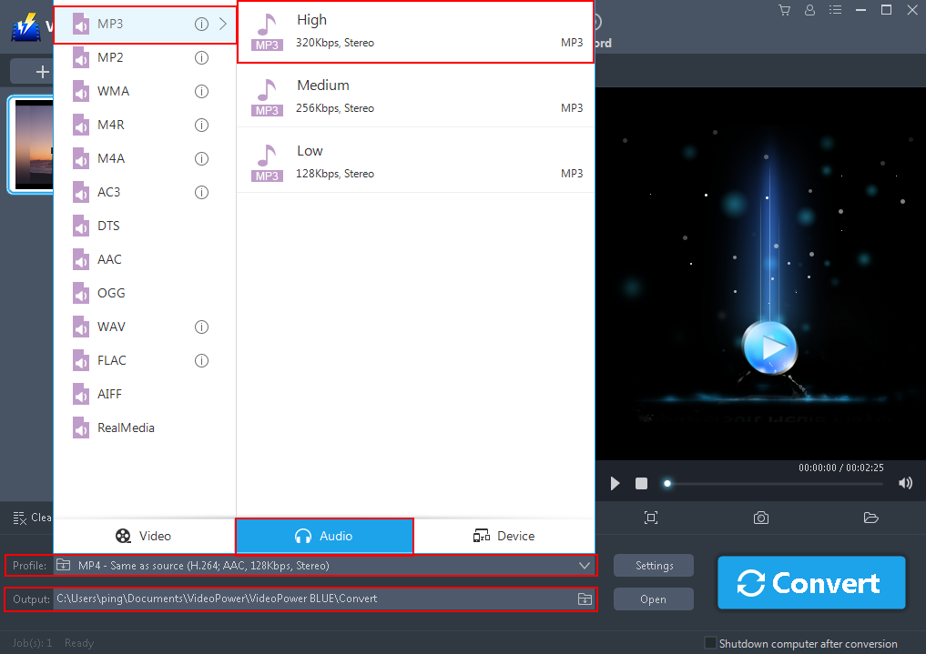 VideoPower BLUE, output format, convert MP2 to MP3