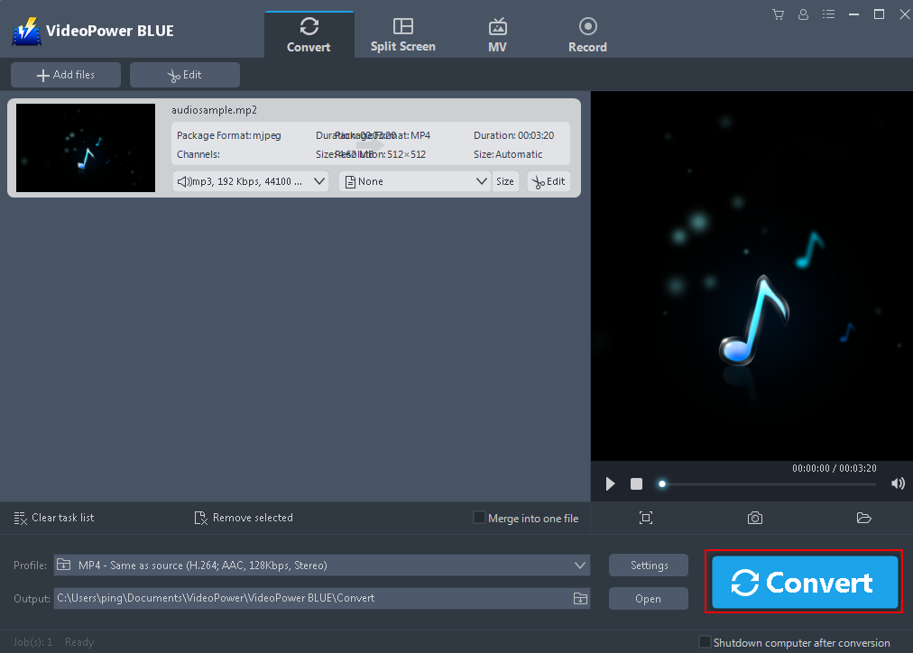 VideoPower BLUE, process conversion, convert MP2 to MP3
