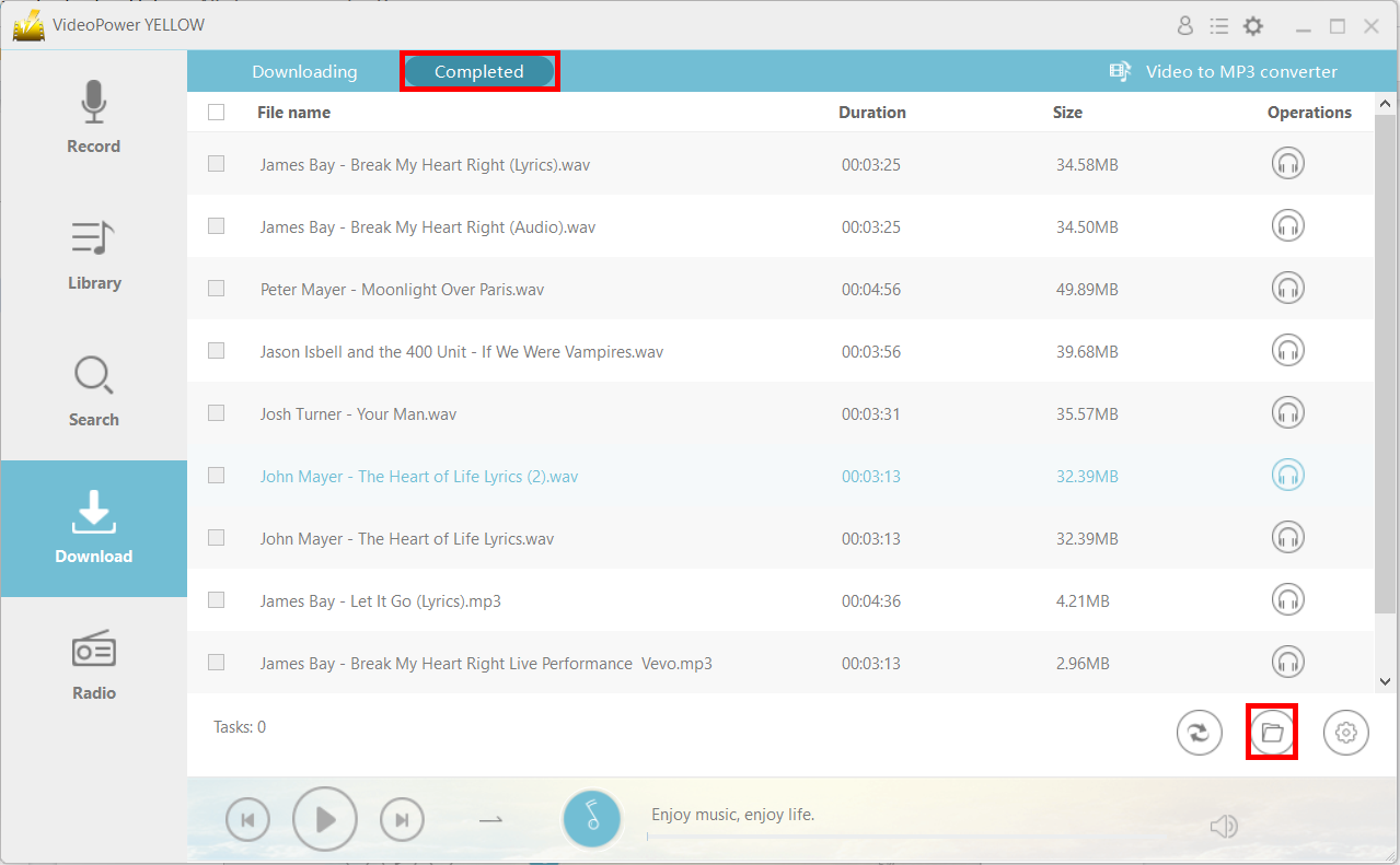 MP3 Rocket alternative, VideoPower YELLOW, completed tab