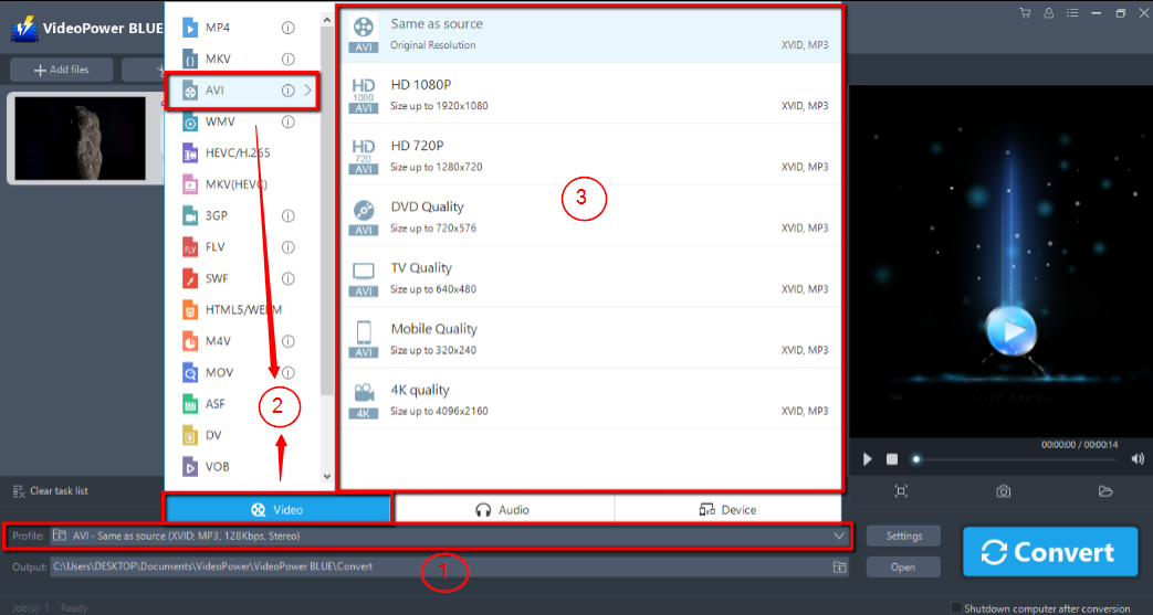 ベストビデオコンバータソフトウェア、ビデオパワーブルー、出力形式