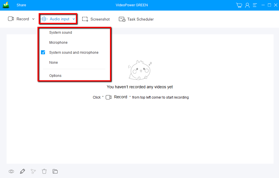 alt:Windows 10、ビデオパワーグリーンでオーディオを録音し、オーディオ入力を変更します。