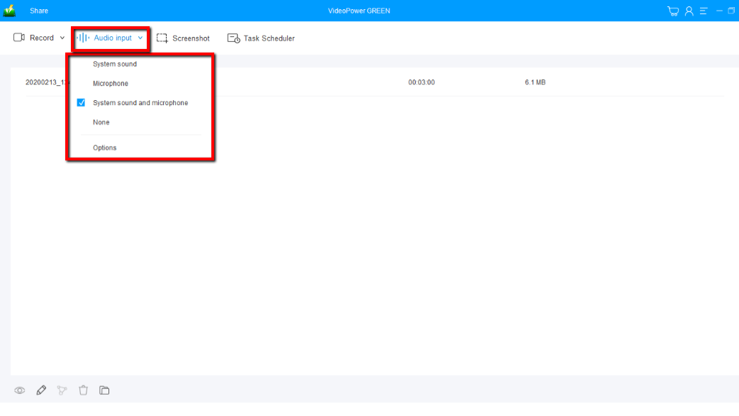 ベストスクリーンキャプチャソフトウェア、スクリーンレコーダー、ビデオパワーグリーン、オーディオ入力を変更します。