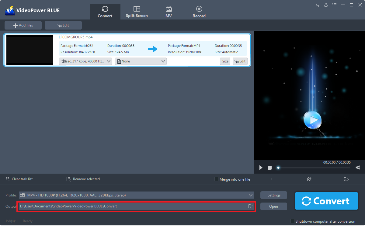 F4V-to-MP4 converter, VideoPower BLUE, Output location
