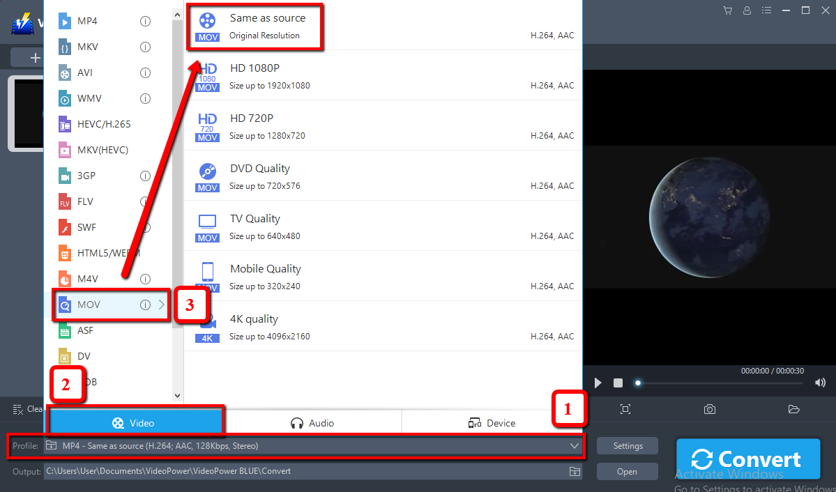 MP4 to MOV Converter, output format