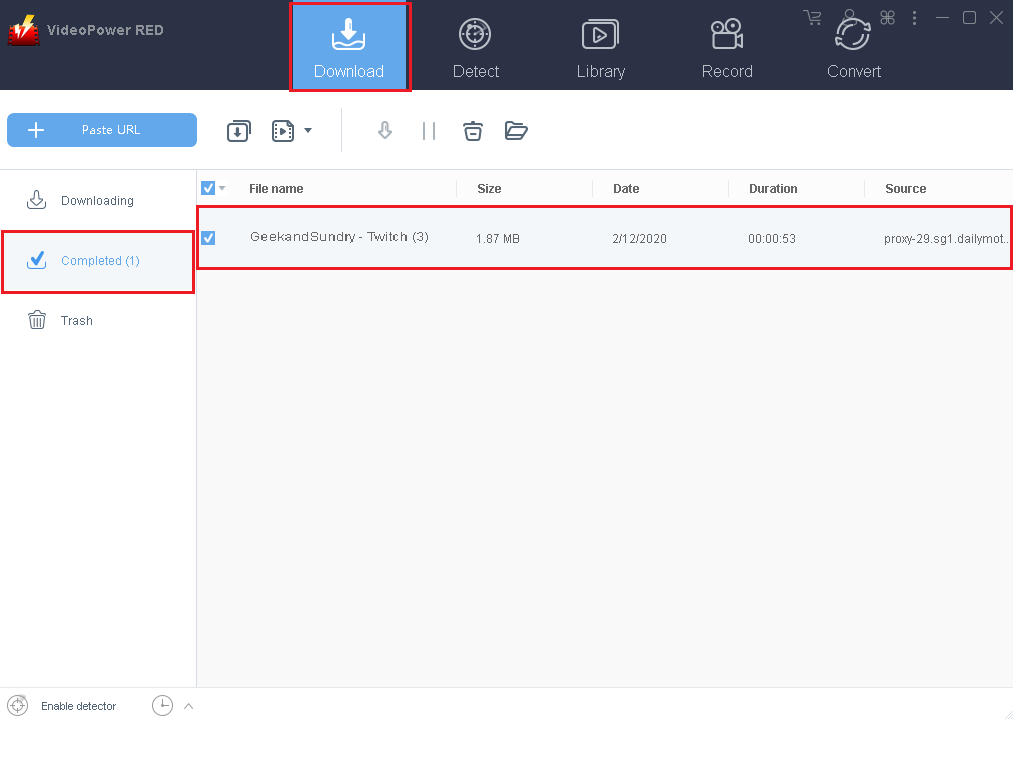 ビデオパワーレッド、Twitchビデオダウンローダー、他のサイトを自動検出、ダウンロード完了