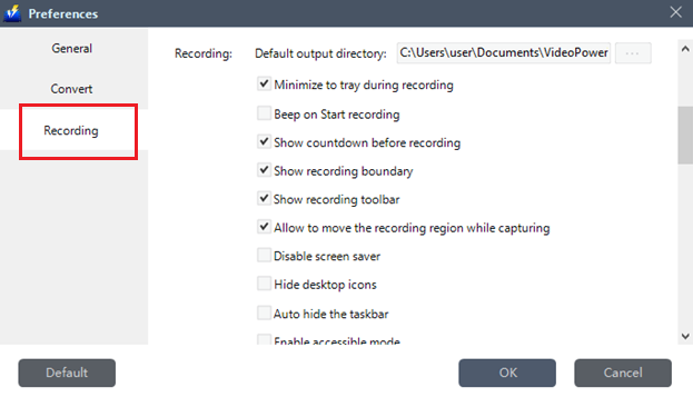 VideoPower BLUE Manual, Recording Settings Menu