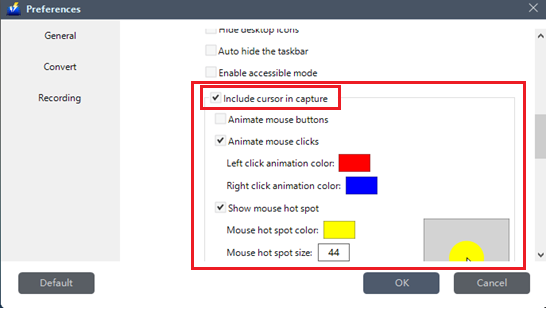 VideoPower BLUE Manual, Mouse Cursor Recording Settings Menu