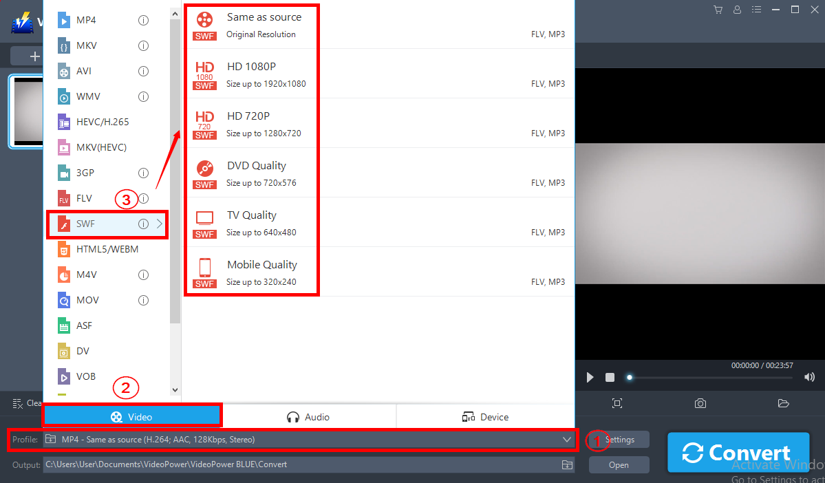 How to Convert Video to SWF, VideoPower BLUE, output format.