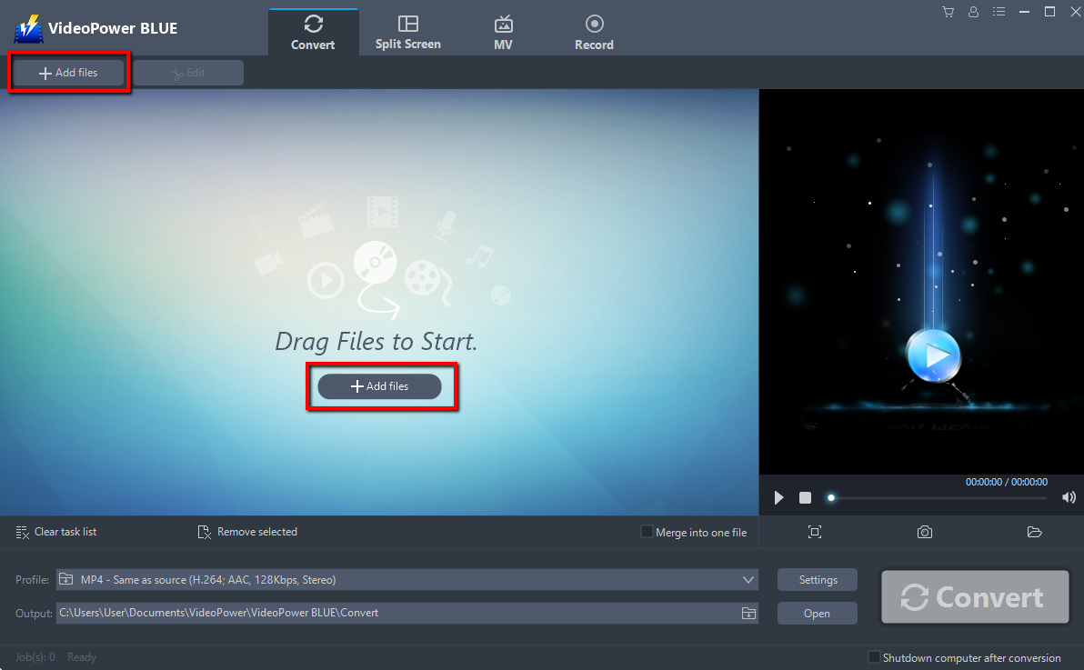 convert video to Windows Media Player, VideoPower BLUE, Add Files