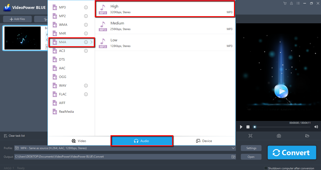 convert WAV to M4A, VideoPower BLUE select audio output.